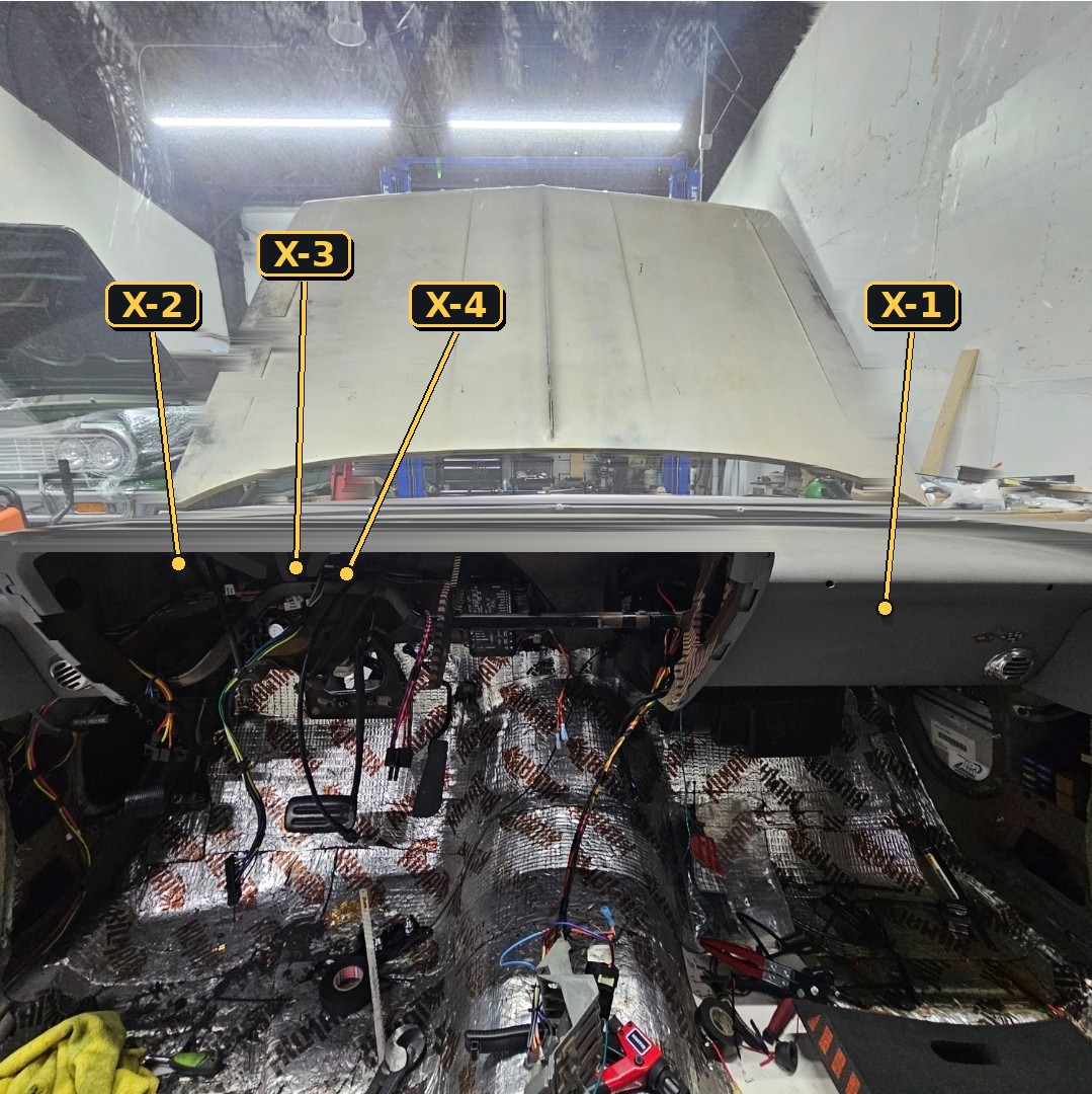 Under-dash view showing wiring connection points X-1 through X-4