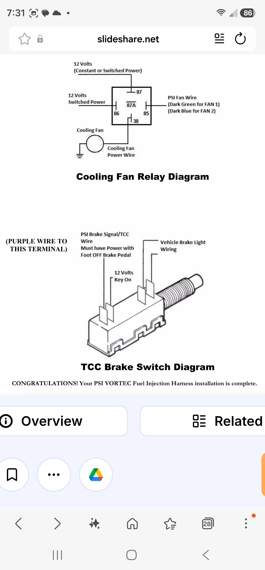 Cooling fan relay diagram and TCC brake switch diagram