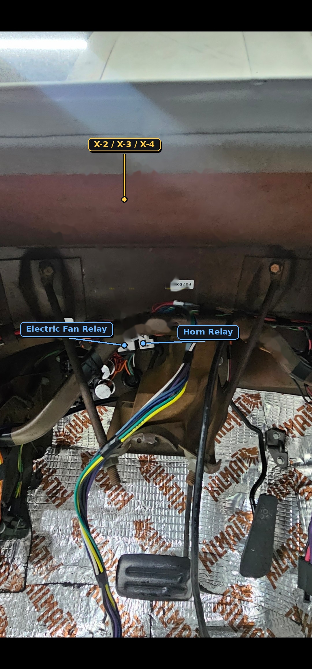 Under-dash view showing Horn Relay and Electric Fan Relay locations near the X-2/X-3/X-4 connector